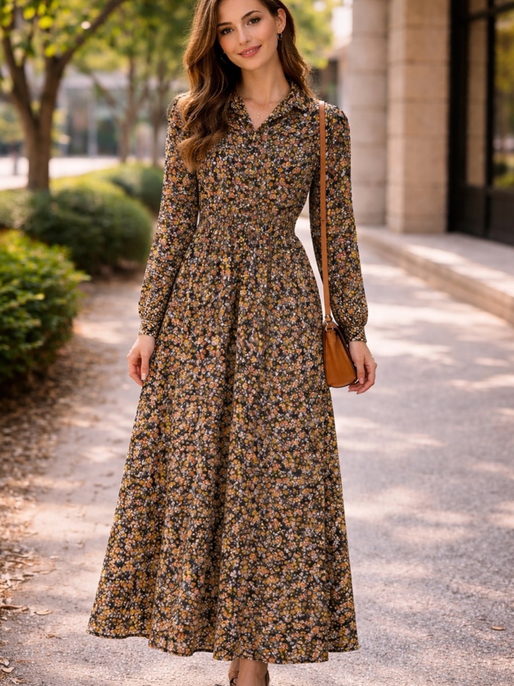 111. Lost + Wander Black Floral Ditzy Orange Flowers Long-Sleeve Maxi Dress